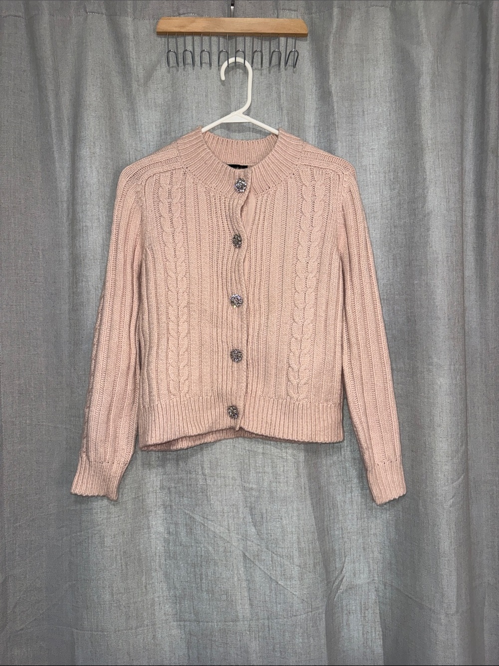 Ann Taylor Pink Cable Knit Cardigan with Rhinestone Jewel Buttons
